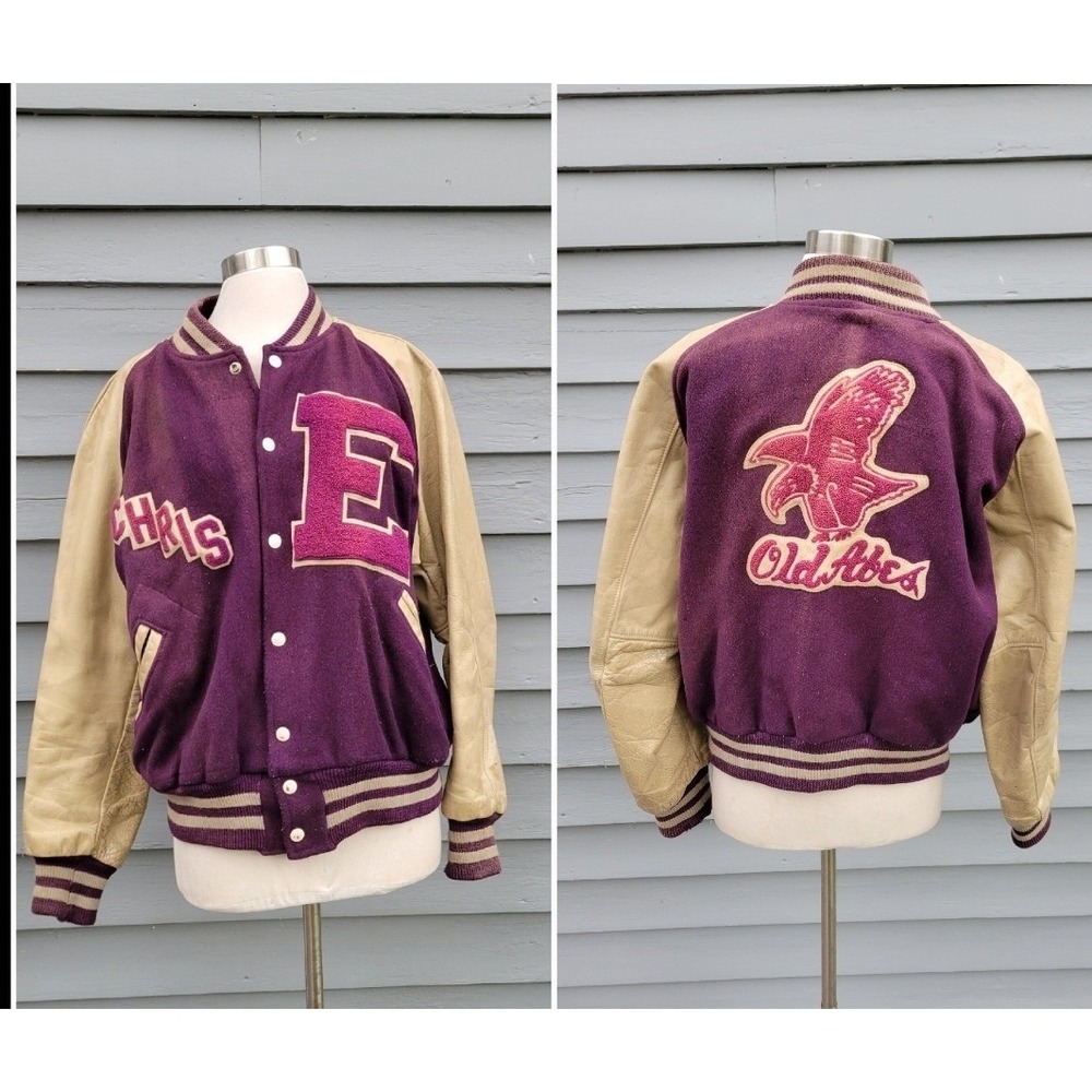 Vintage 60s Old Abes Varsity Bomber Jacket Purple Leather Wool Letterman Size 44